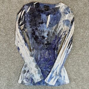 Wet Seal Long Sleeve Floral Button Up Rhinestone Ribbed Top Blue Womens size L